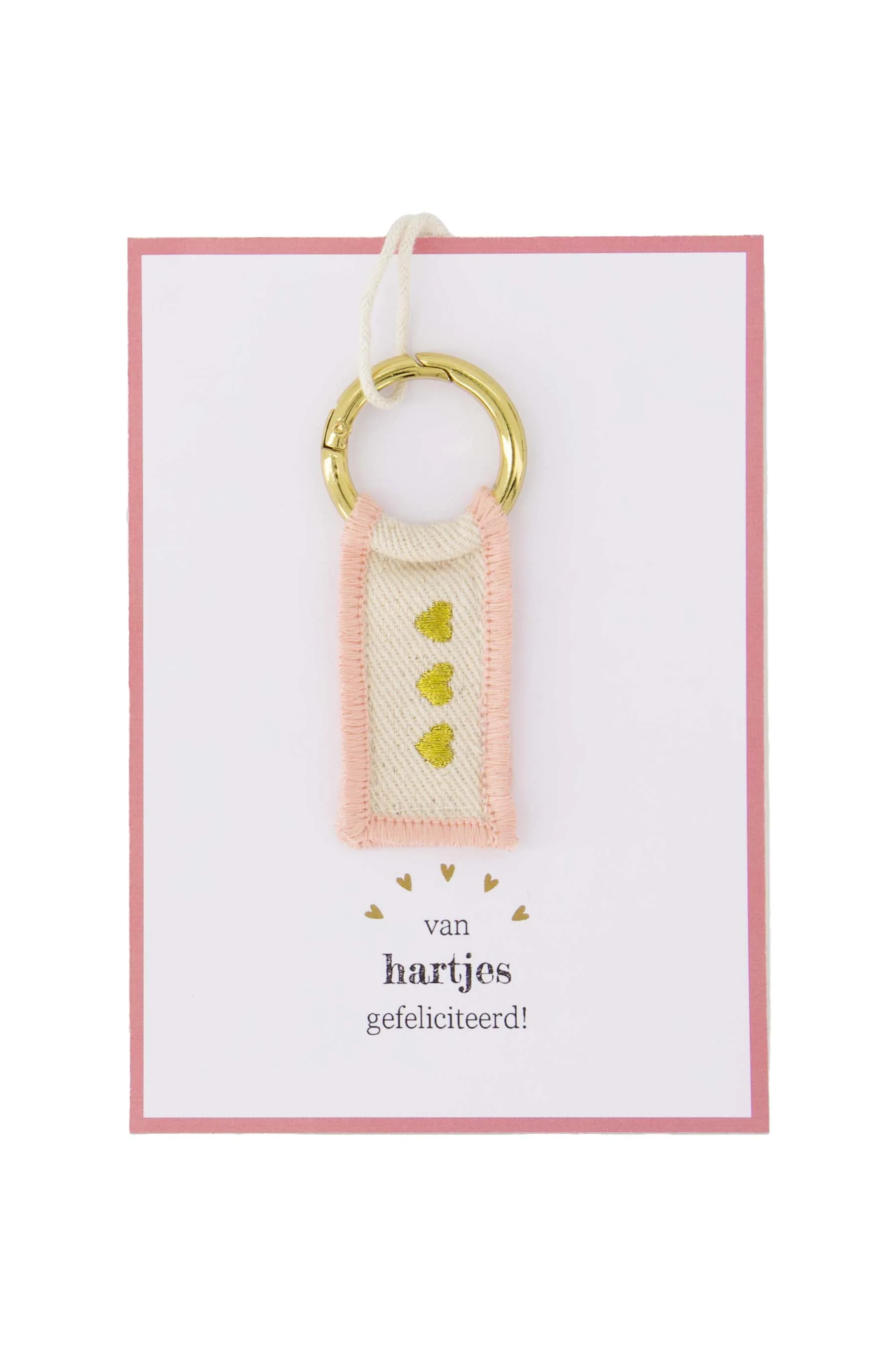 ansichtkaart sleutelhanger van hartjes gefeliciteerd | white / pink