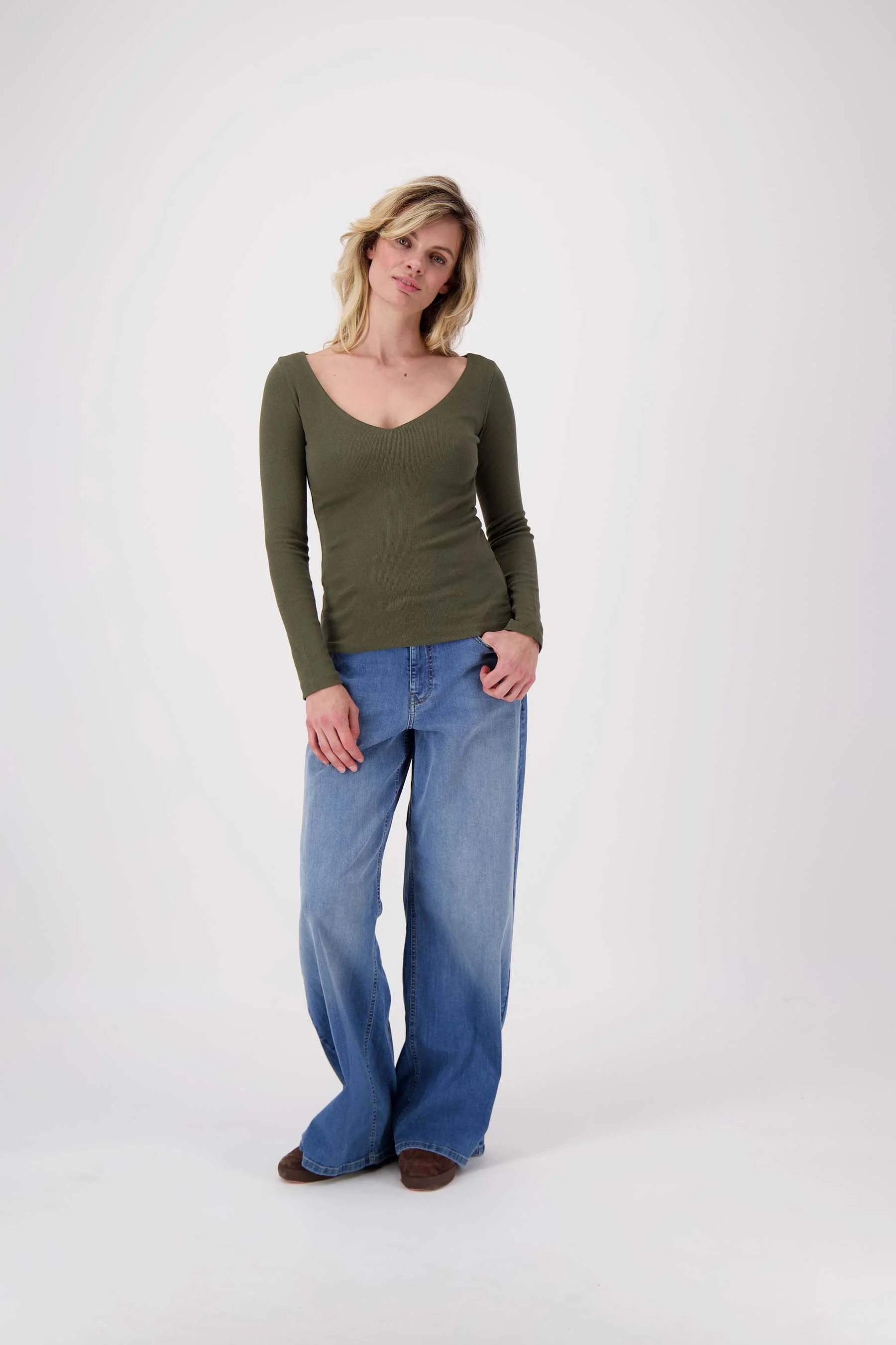 basic rib V hals top met stretch | moss green - Image 3