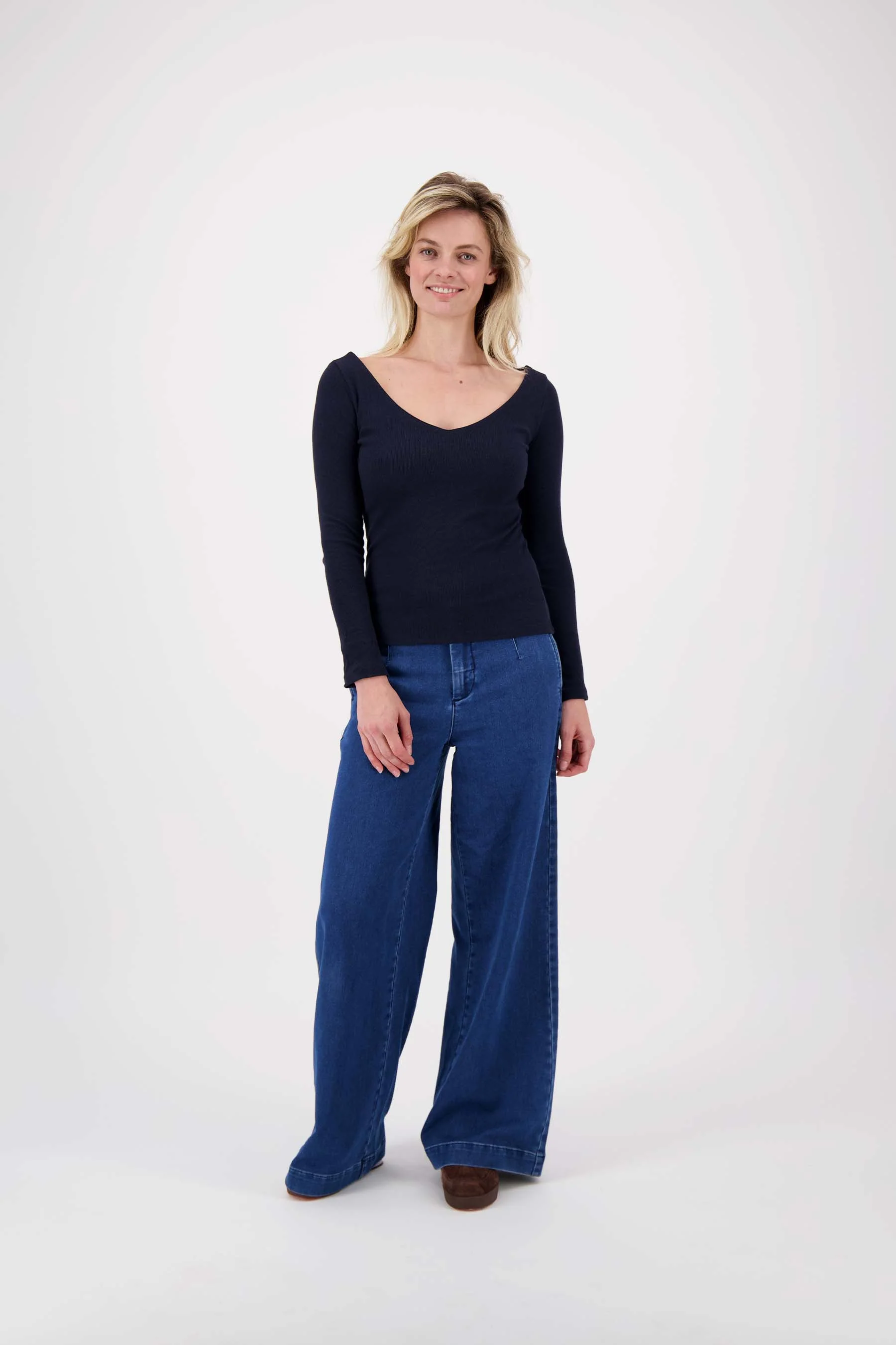 basic rib V hals top met stretch | navy - Image 3