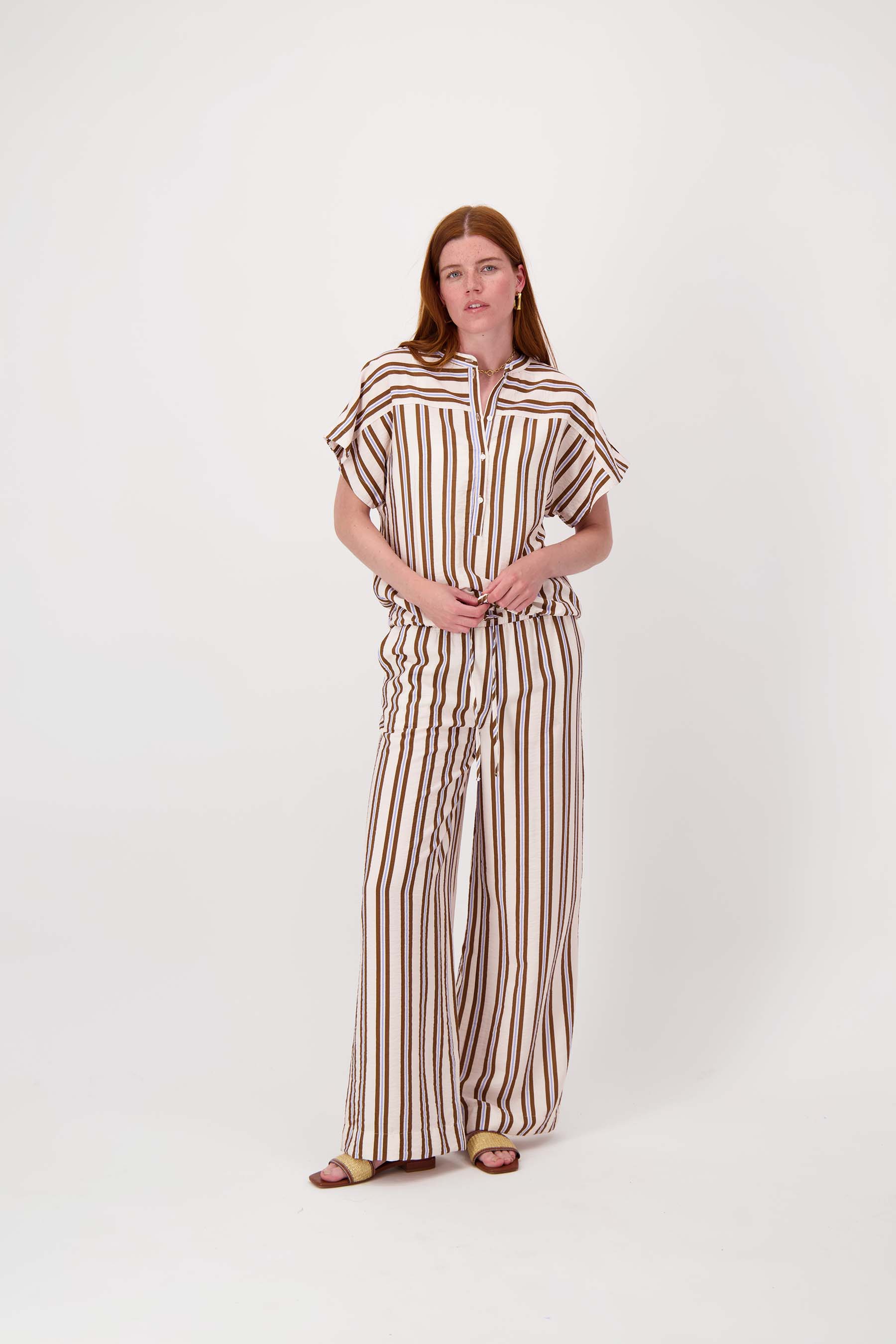 gestreepte blouse met korte mouw | off white /choco / cornflower blue - Image 3