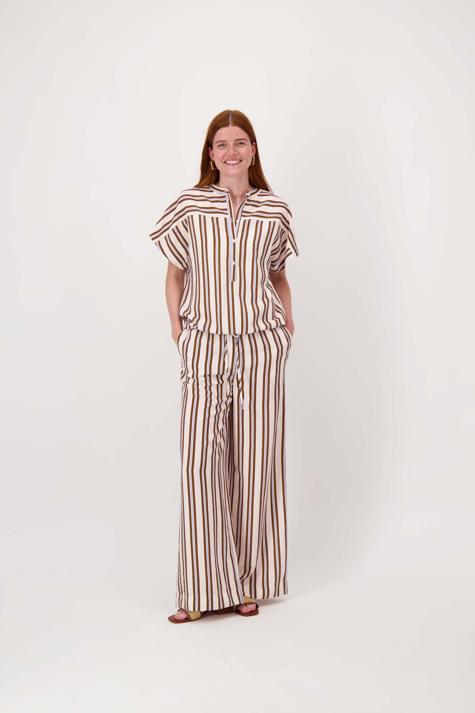 gestreepte blouse met korte mouw | off white /choco / cornflower blue - Image 4