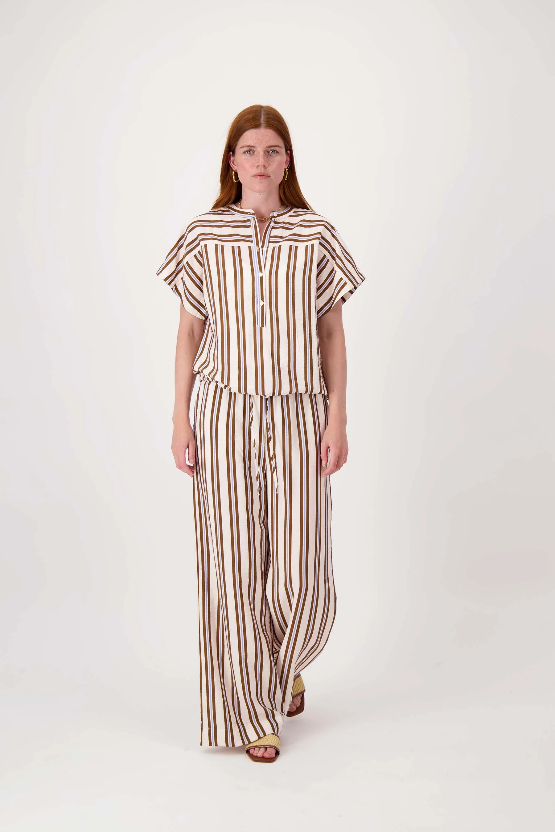 gestreepte blouse met korte mouw | off white /choco / cornflower blue - Image 5