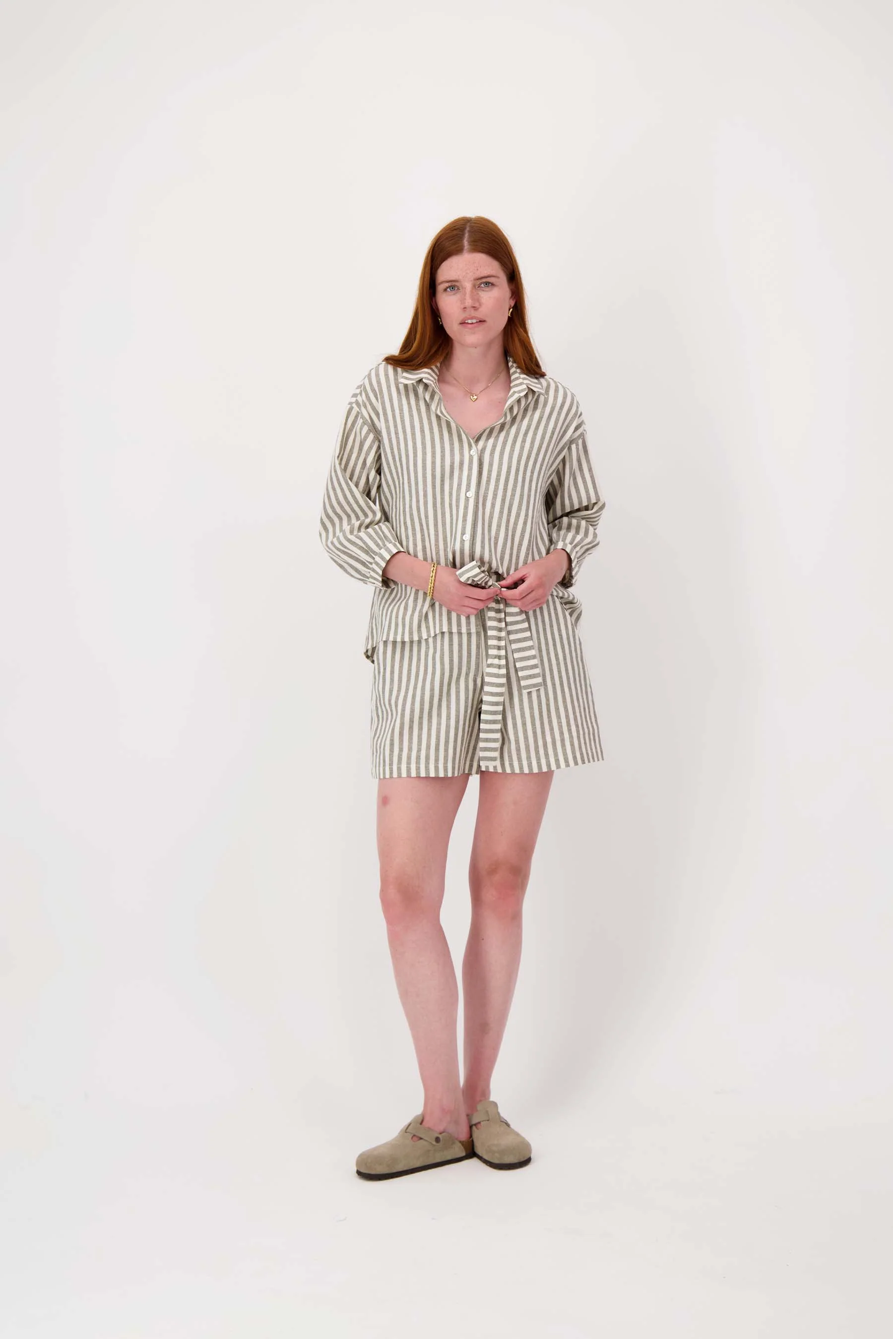 gestreepte linnen blouse | light mossgreen / off white - Image 4
