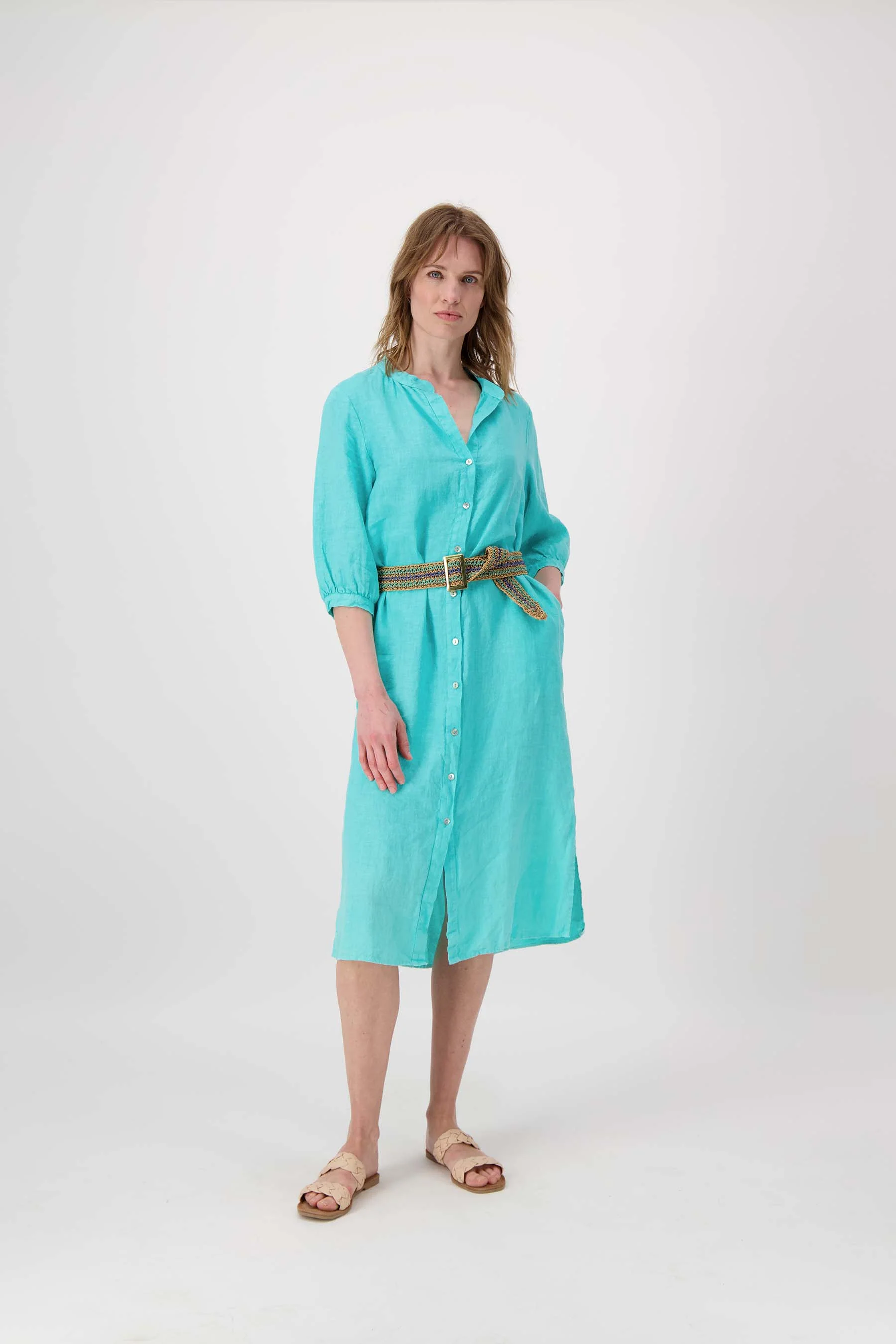 lange linnen doorknoop jurk | turquoise - Image 3