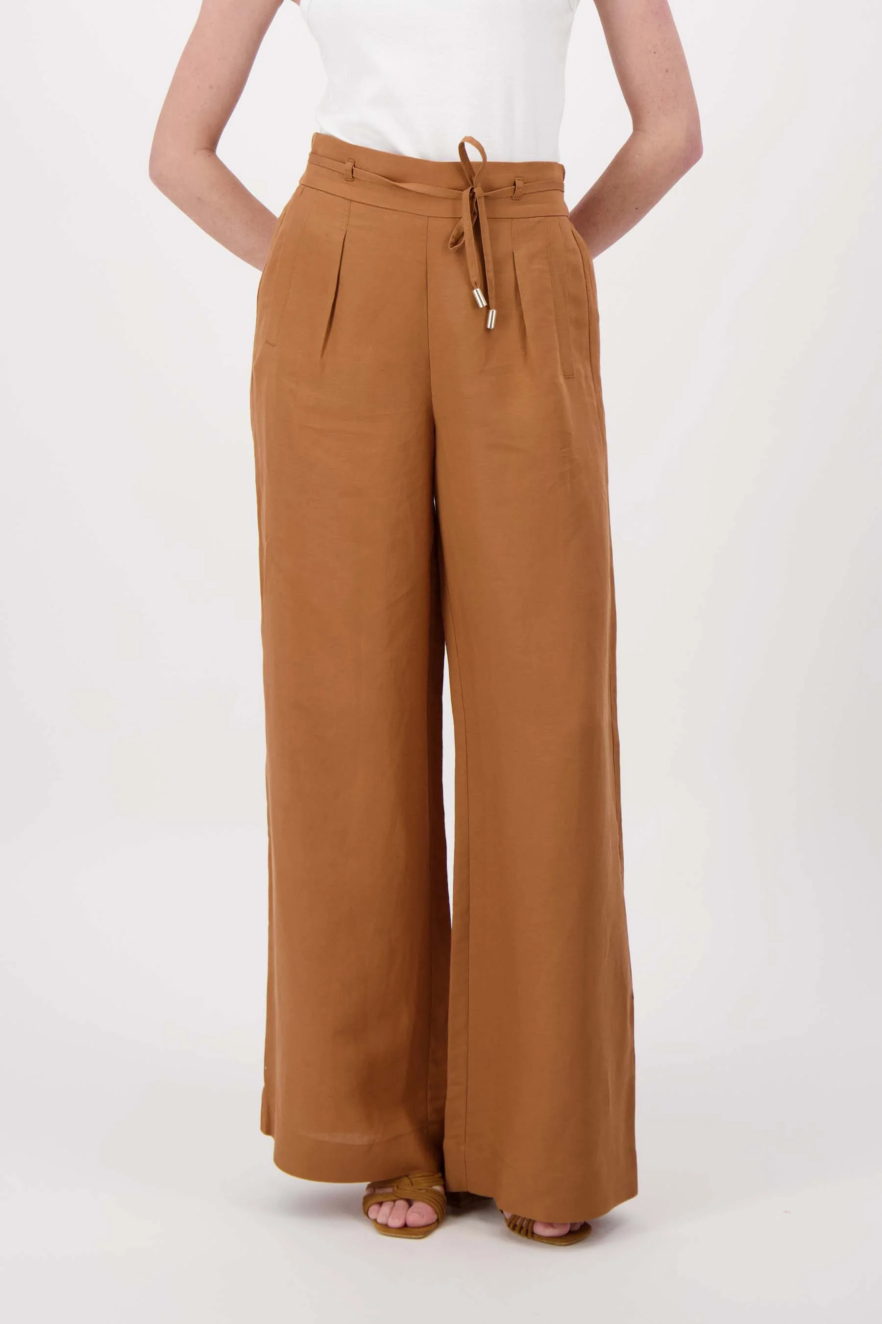 linnen broek met riempje | warm camel - Image 2