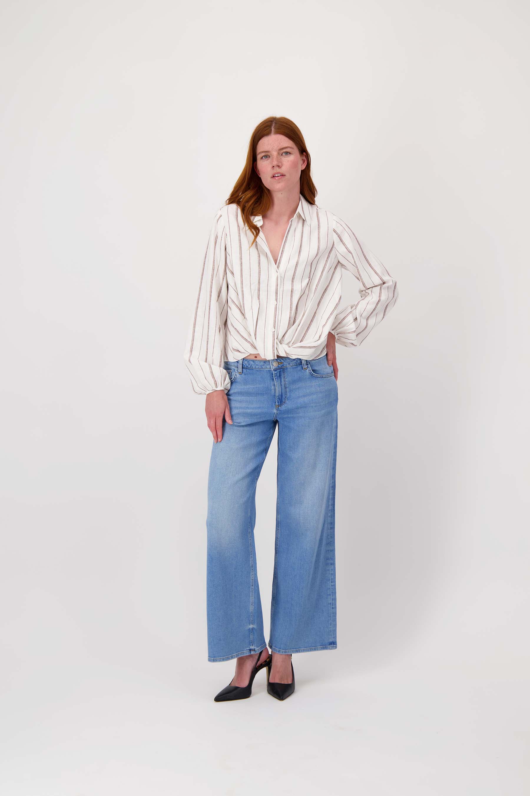 overslag blouse met streep | off white /brown - Image 2