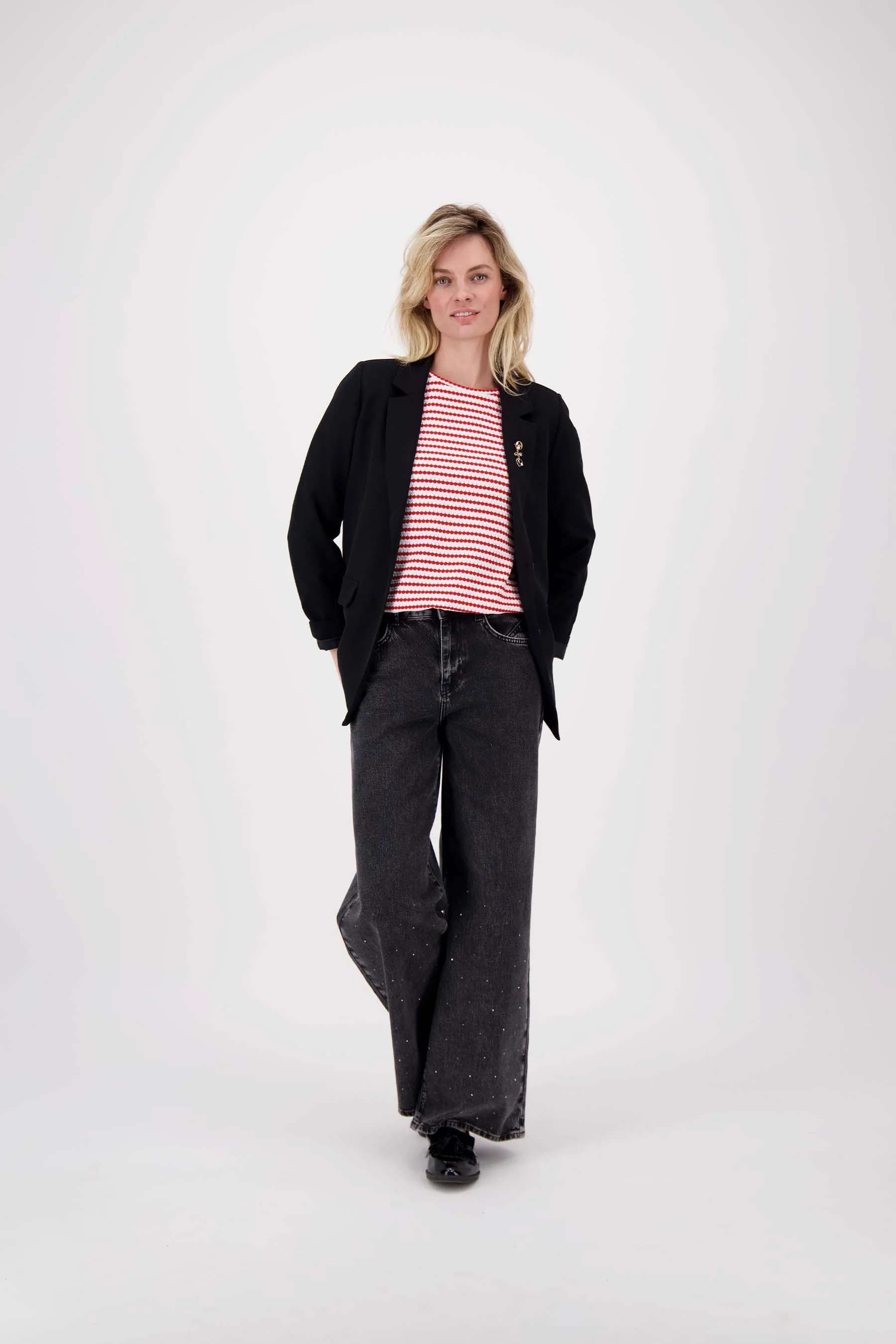 pofmouw top met streep in structuur materiaal | off white / rood - Image 2