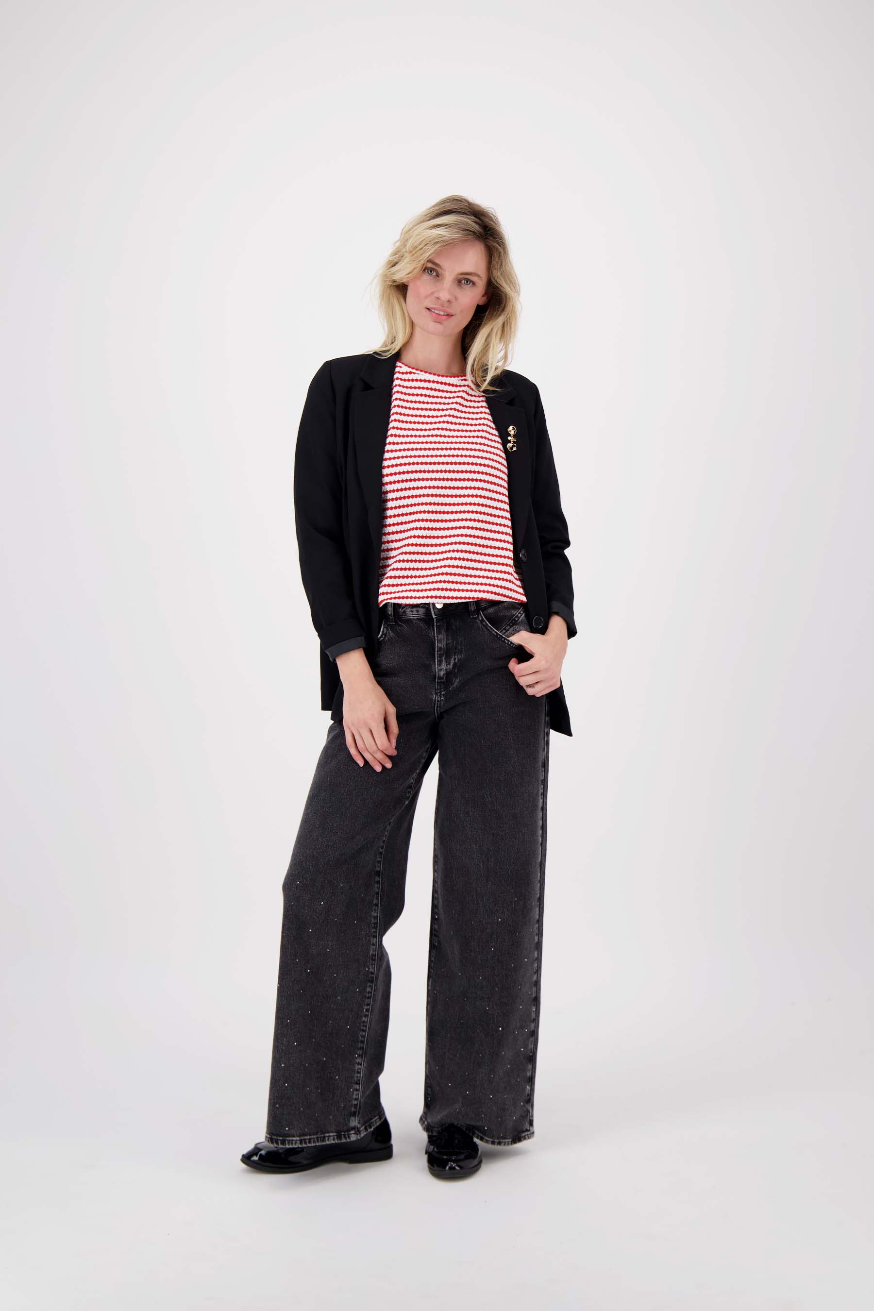 pofmouw top met streep in structuur materiaal | off white / rood - Image 3