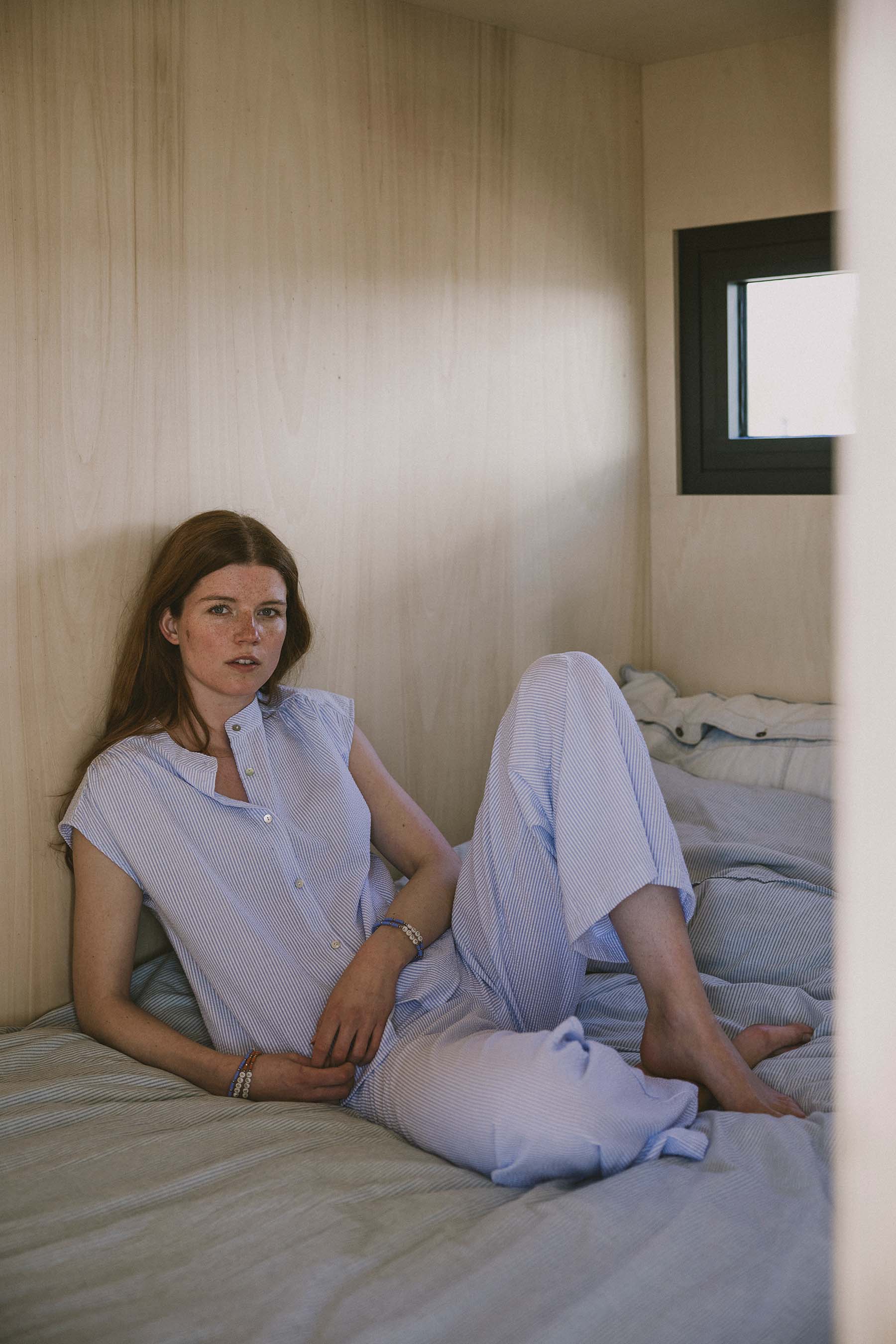seersucker streep broek | wit / lichtblauw - Image 4