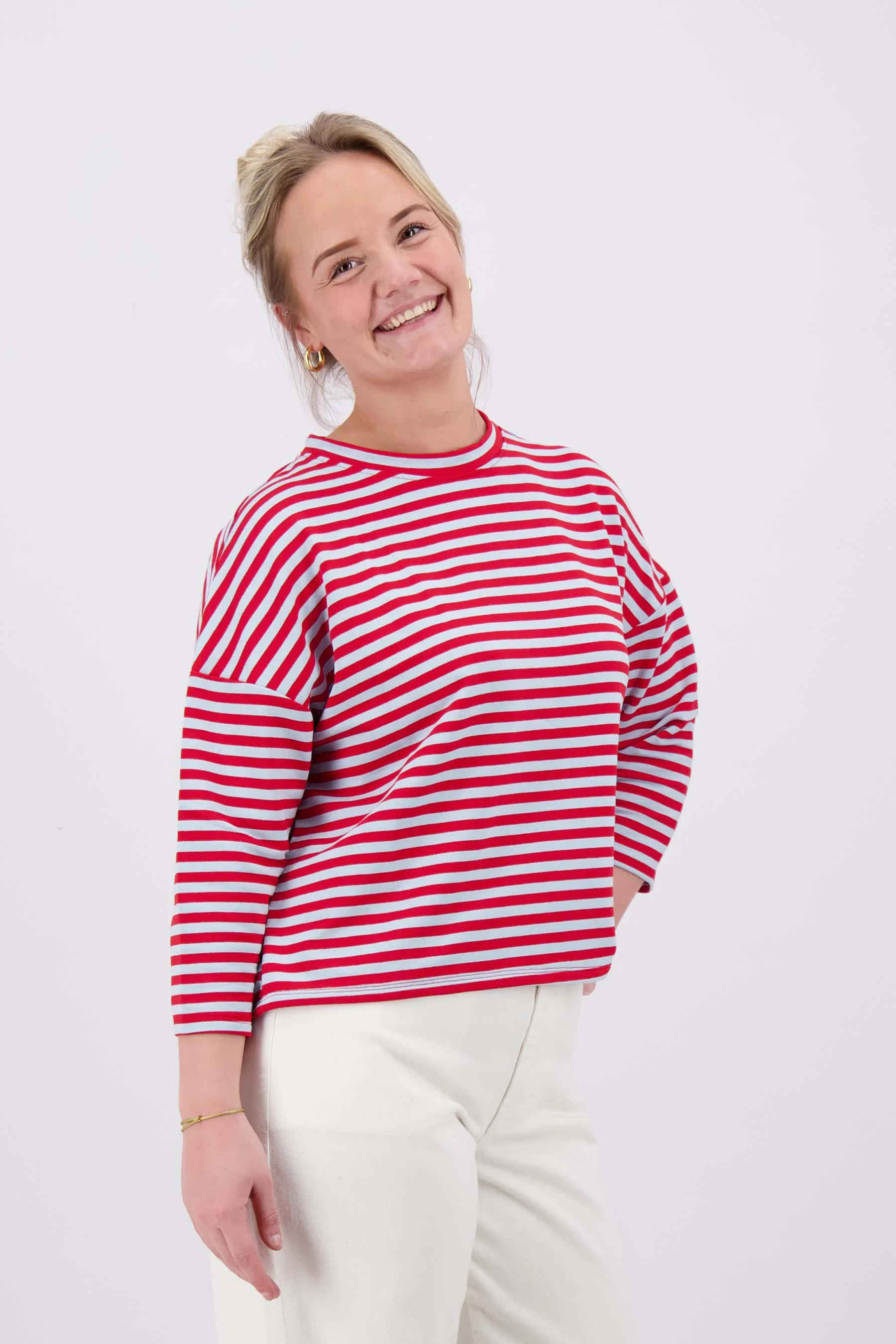 streep sweat shirt boxy 3/4 mouw | light blue/red stripe - Image 3