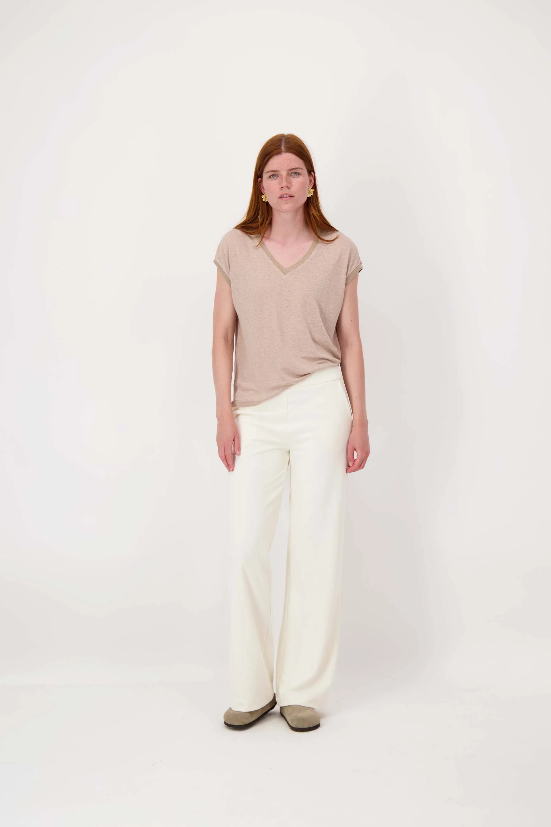 V hals top met lurex boord | darker sand - Image 3