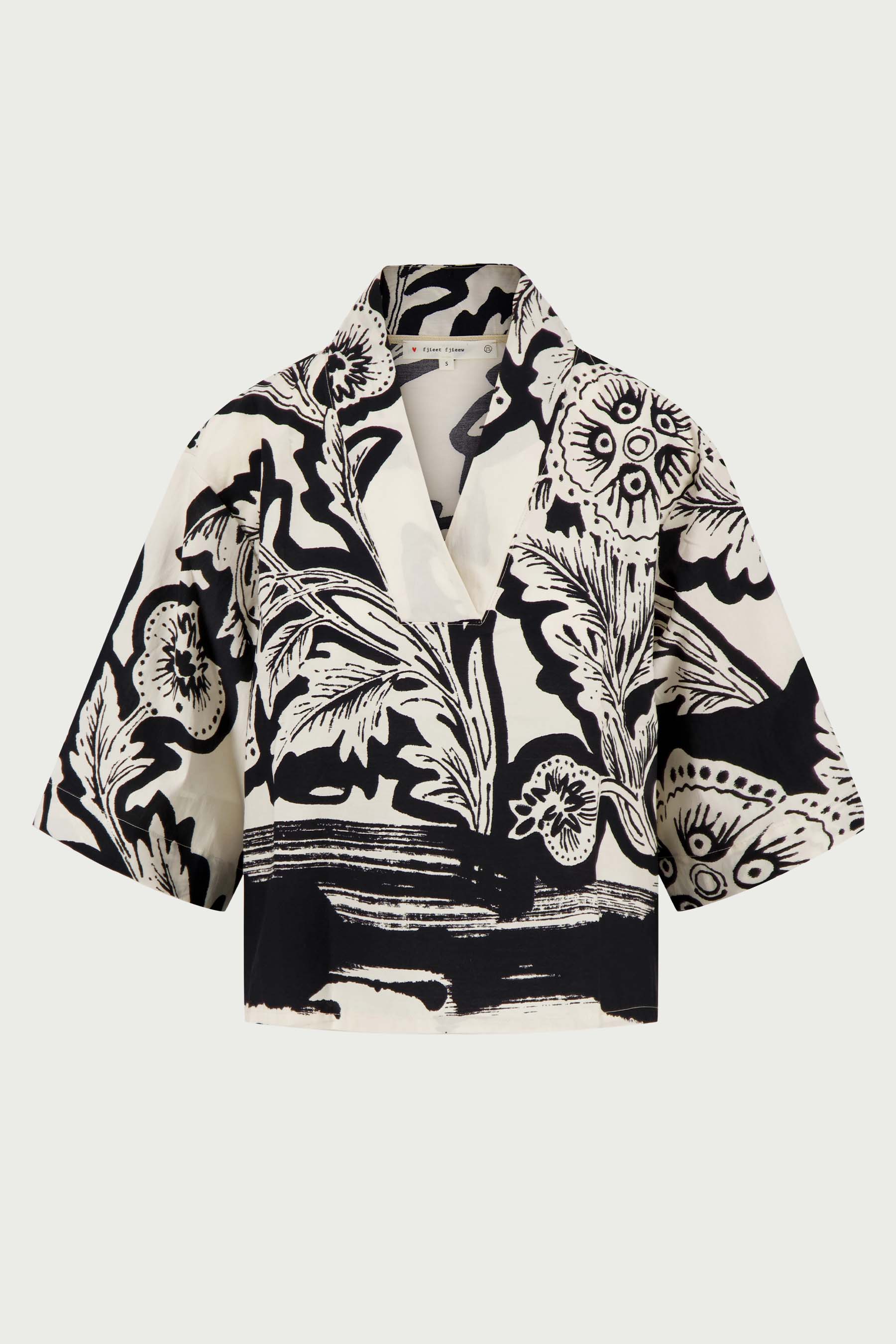 V hals woven top borderprint | zwart / soft kit - Image 3