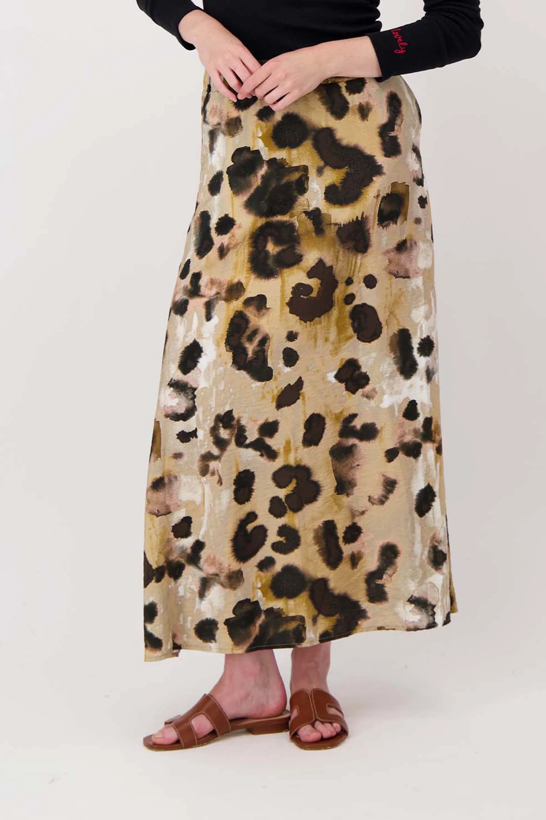 wijde rok in vlekken print | choco / sand / light pink