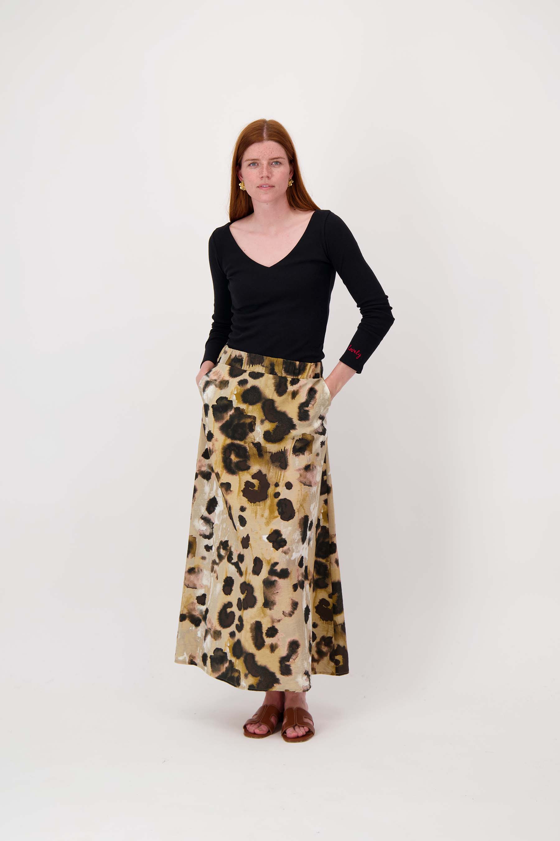 wijde rok in vlekken print | choco / sand / light pink - Image 2