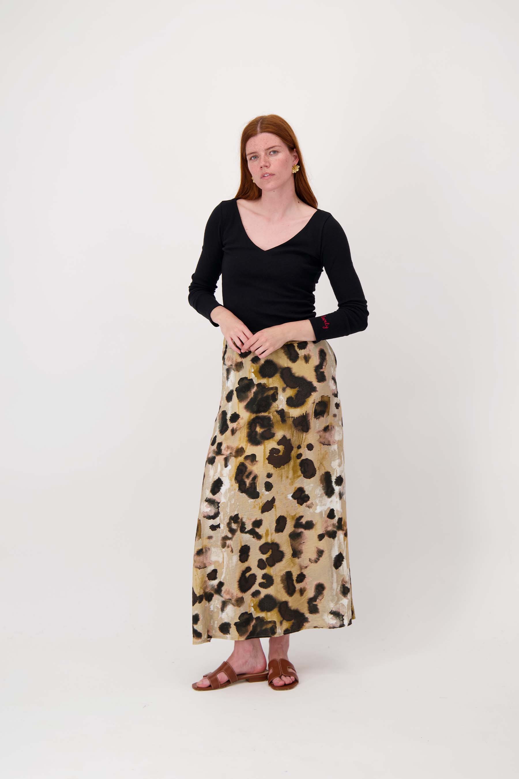 wijde rok in vlekken print | choco / sand / light pink - Image 3